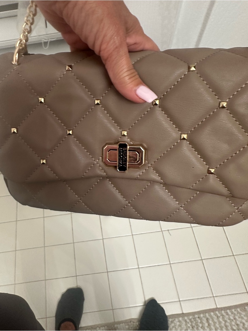 Badgley Mischka Quilted Taupe Shoulder Bag with Gold Hardware